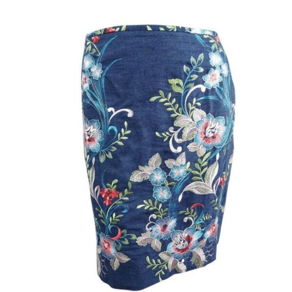Tahari Chambray Embroidered Skirt